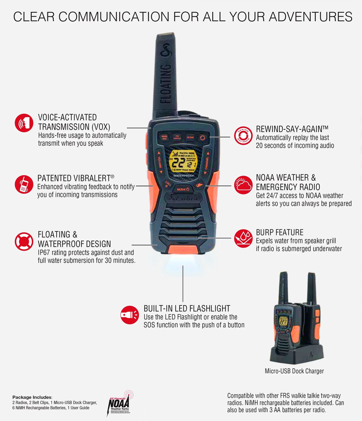 Cobra ACXT1037R-FLT Walkie Talkies - Floating, Rechargeable 37-mile Range Two-Way Radios (2-Pack)