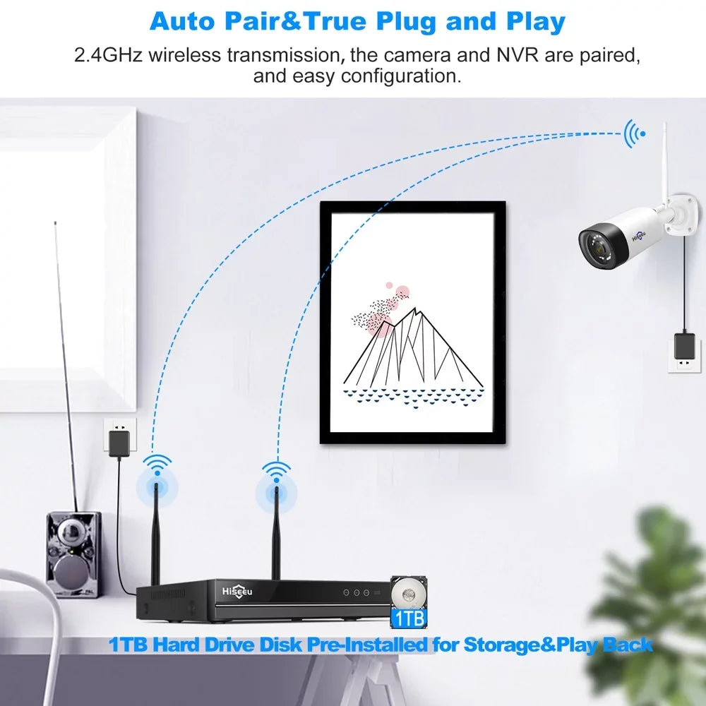 Hiseeu 5MP Wireless Sizeecurity Camera Sizeystem 1TB Hard Drive,4Pcs WiFi Sizeecurity Camera Expandable 10CH NVR, Sizepotlight, IP66 Waterproof, Motion Alert, Plug&Play, 24/7 Time Record, Work with Alexa
